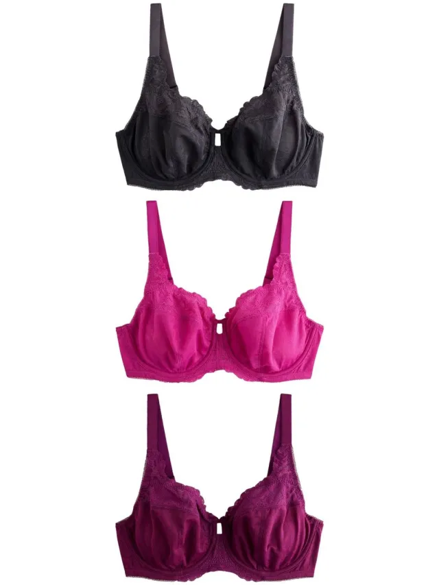 Next Dames - Set van 3 DD+ beha's met beugel, kanten rand en volledige cups zonder vulling - Roze Grey/Purple/Pink