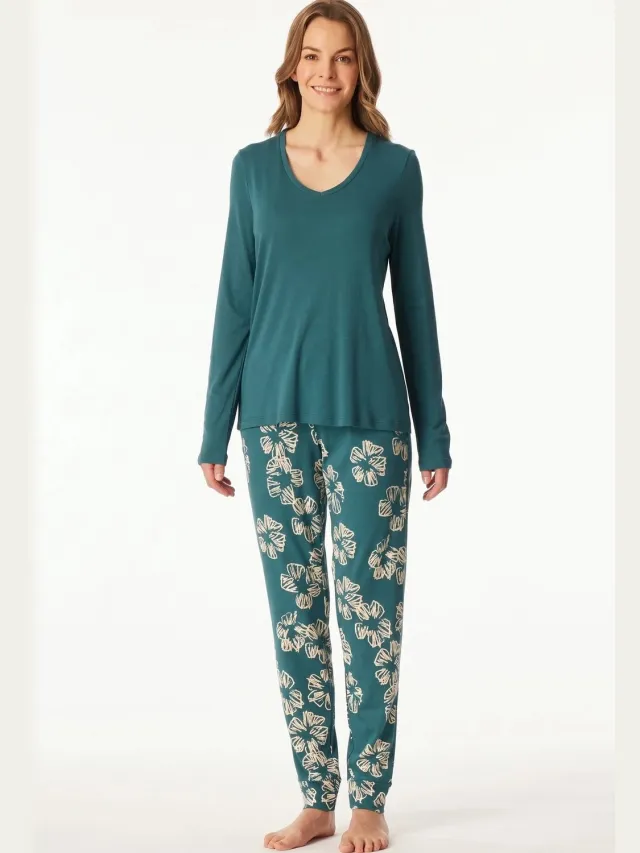 Schiesser dames pyjama Flower - Modal - Katoen - 48 - Groen