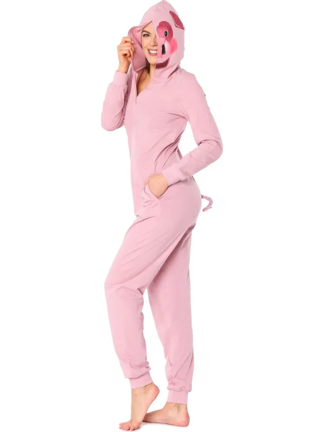 Ladeheid Dames Overal slapen Pyjama - met Capuchon - Lange mouwen - Lange broek - Katoen - LA-LA40-234-PJ - Roze Varkentje