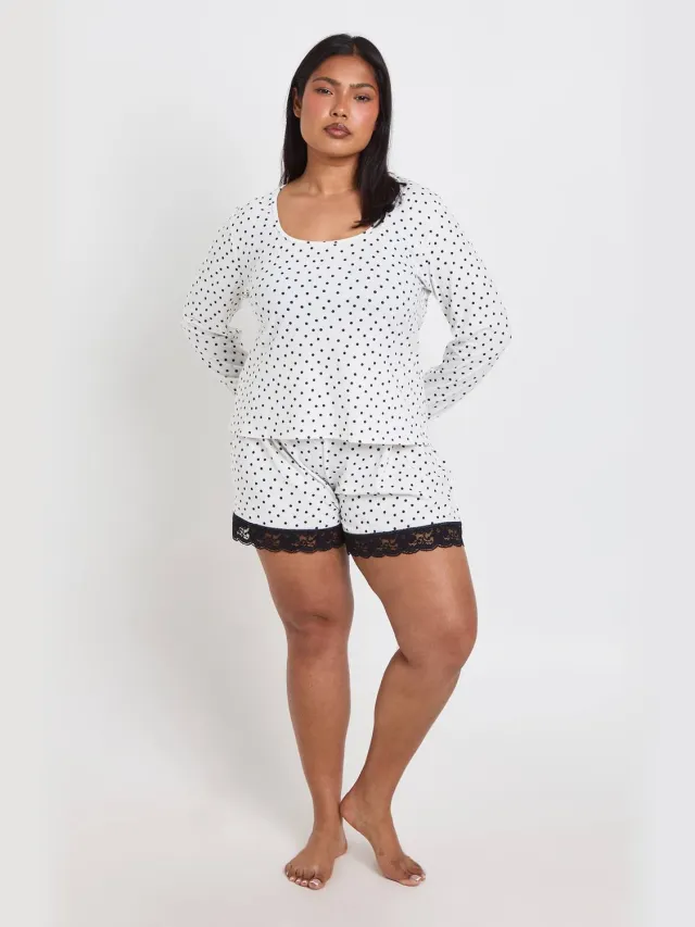 boohoo Dames Plus Maat Pyjama Set Met Polkadots, Lange Mouwen En Korte Broek Zwart Wit
