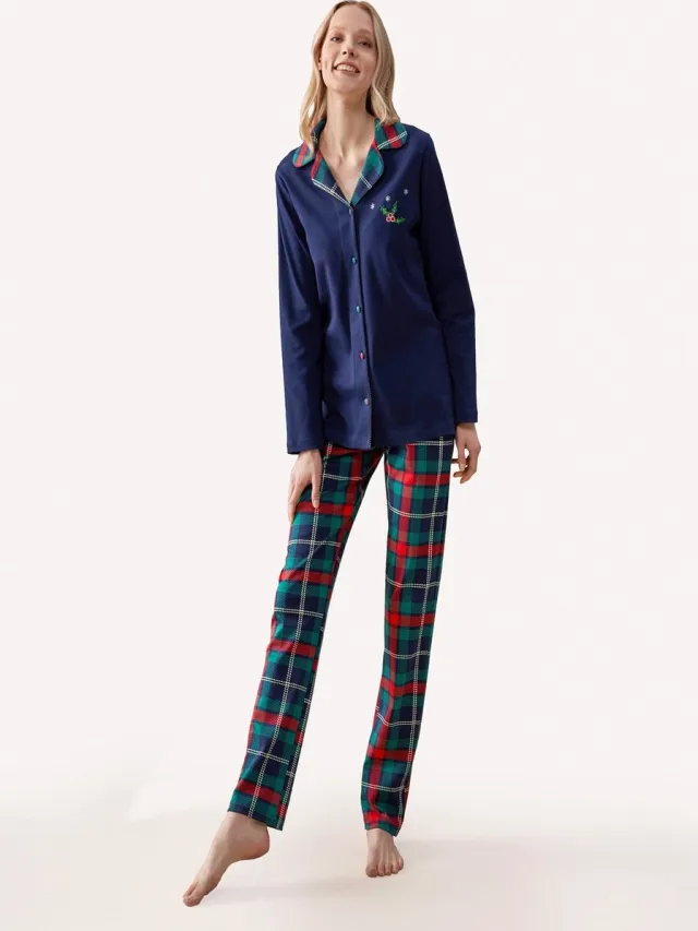 Feyza Pyjama Set Voor Dames, Lange Mouwen Donkerblauw