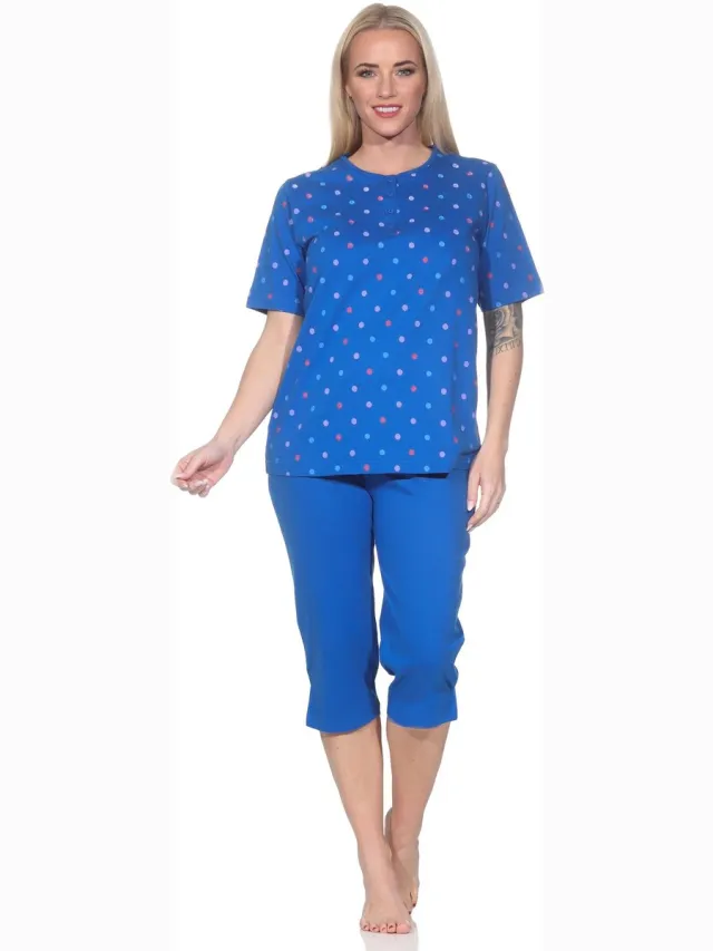 Normann dames pyjama met korte mouwen Capri pyjama in stippenlook - ook in grote maten blau