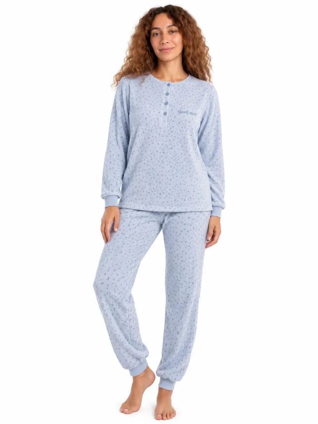 Cocodream Quality Cocodream- Badstof Dames Pyjama - Winter - Blue Stars Lichtblauw