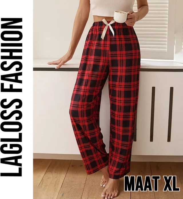 LaGloss Pyjamabroek Dames Rood Zwart Geruit met Elastische Taille & Trekkoord –