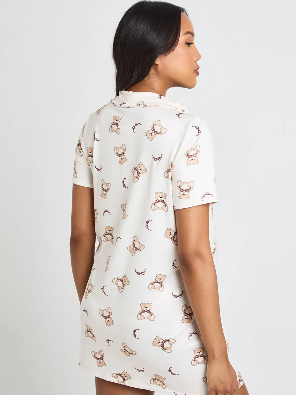 boohoo Dames Zwangerschaps Nachthemd Met Berenprint En Strikjes, Kraag En Knoopsluiting lichtbruin, foto 2
