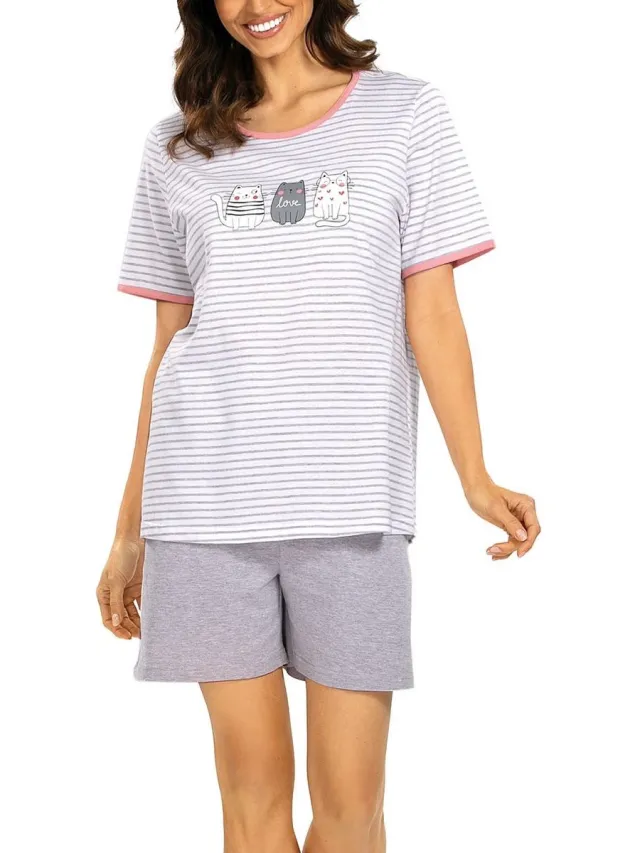 Comtessa Dames Shortama - Zomer Pyjama - Katoen - Kitty grey Grijs