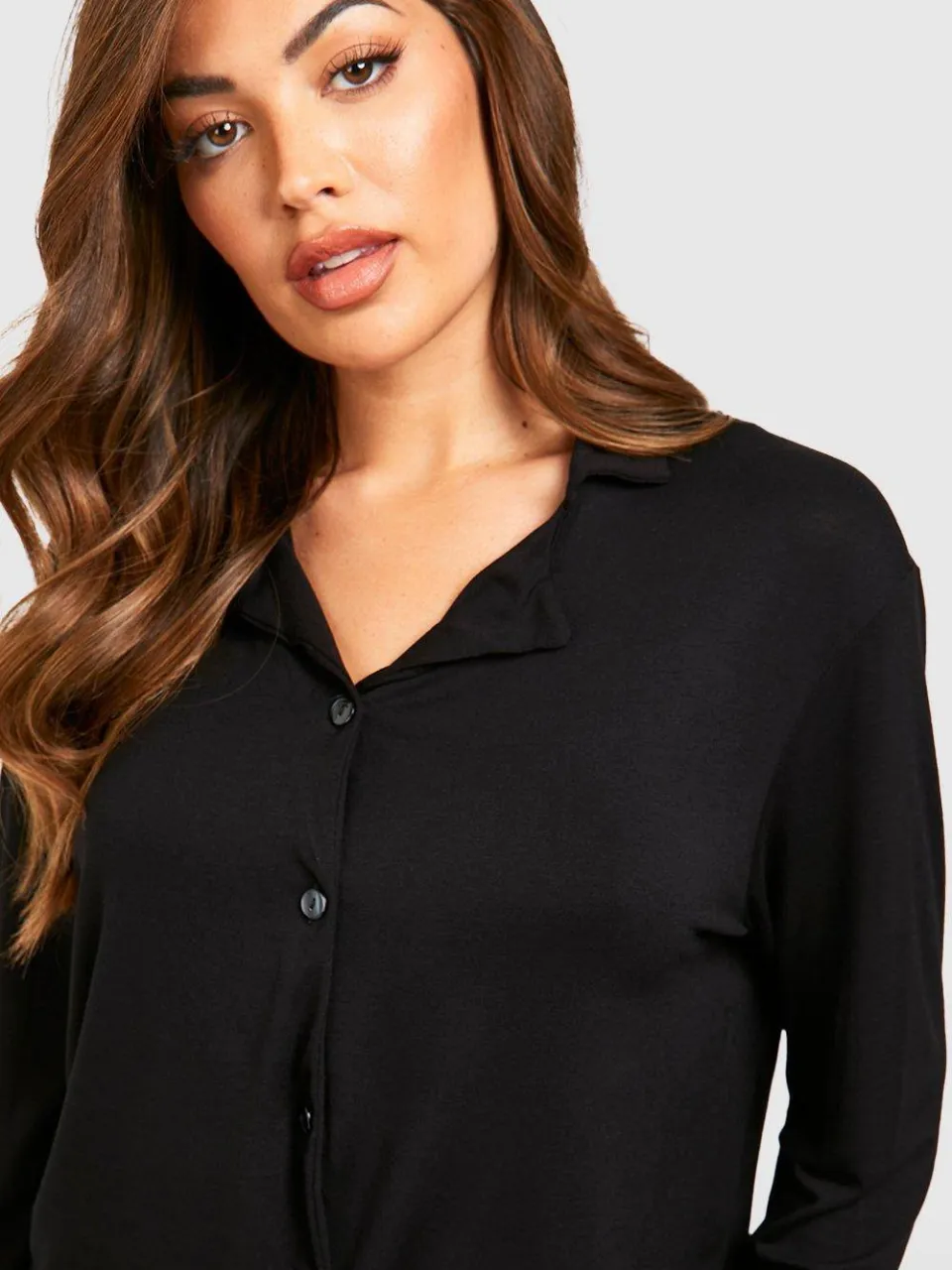 boohoo Dames Jersey met lange mouwen en knoop-overhemd pyjama shirt zwart, foto 4
