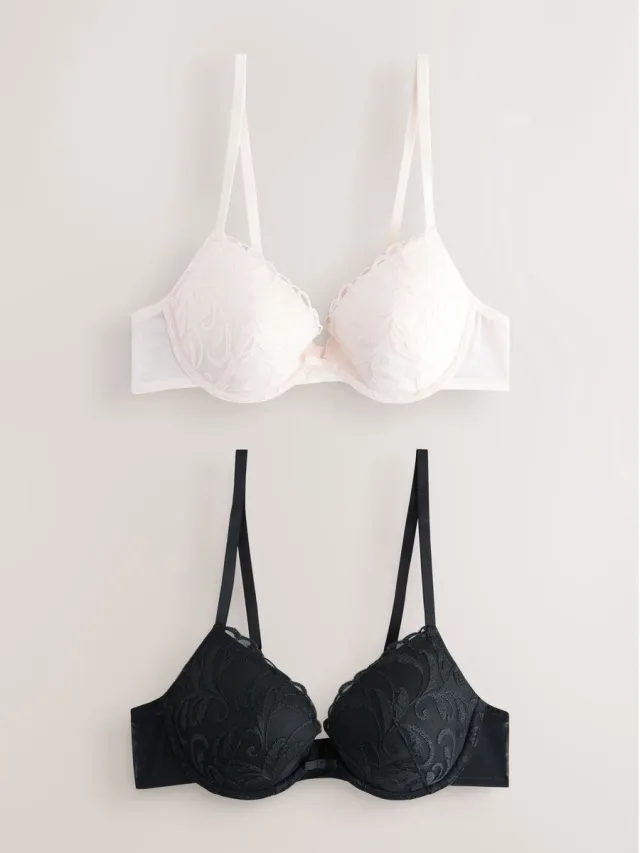 Next Dames - Set van 2 laag uitgesneden beha's met borduursels en vulling - Zwart Black/Cream