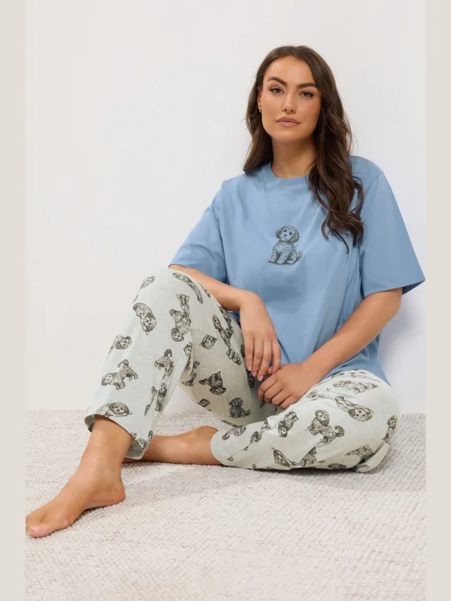 Yours Curve Pyjama Met Puppyprint En Wijde Pijpen In Blauw-64 Blue