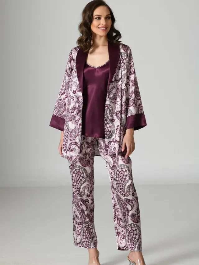 Vienetta 3 Delige Dames Pyjama Set, Lange Mouwen Bordeauxrood