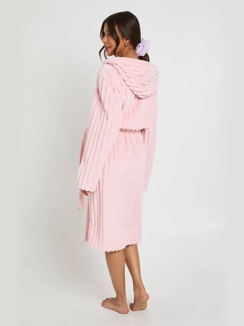 boohoo Dames Geribbelde Fleece Kamerjas Met Capuchon Lang lichtroze, foto 2