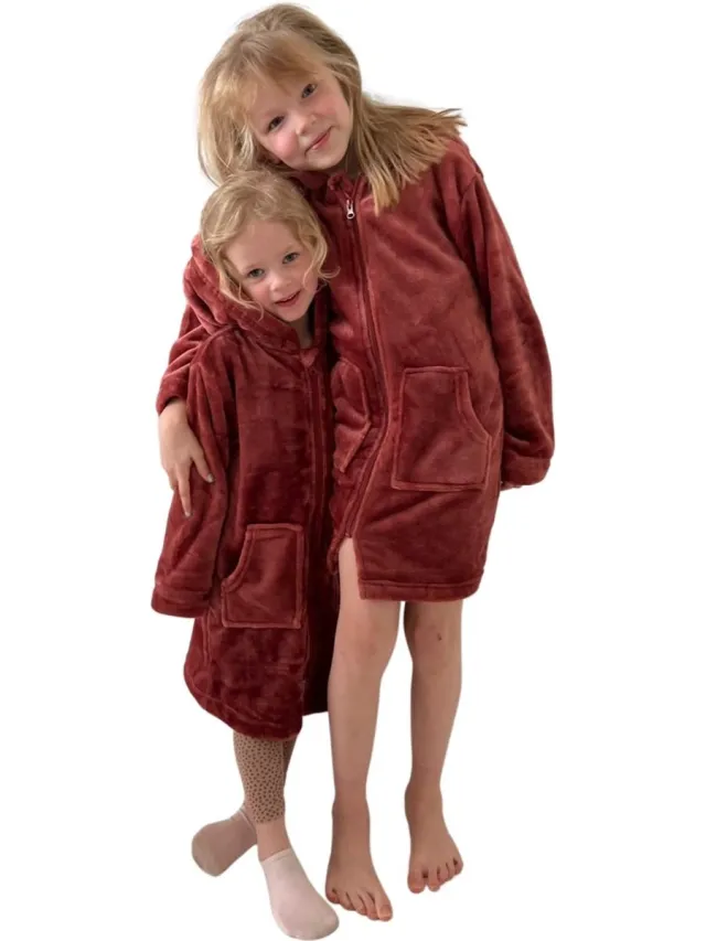 Charlie Choe badjas kind - kinderbadjas met rits & capuchon - koper kleur - fleece - 92/98