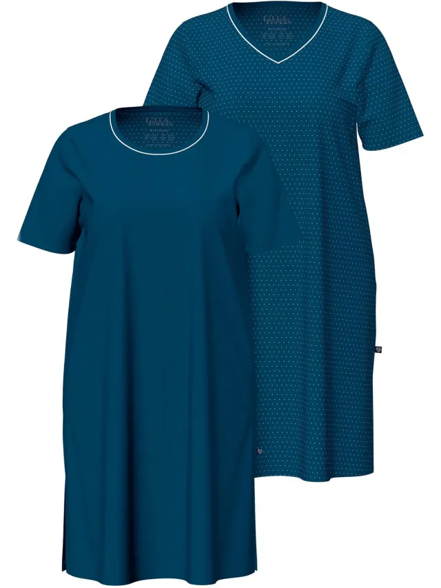 Ulla Popken Dames - Bigshirts set van 2 ronde hals/V-hals korte mouw - Donkerpetrol - Maat 46+