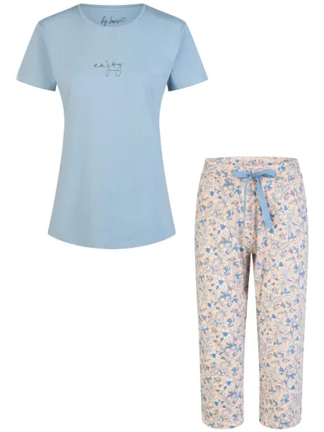 By Louise Dames capri pyjama set driekwart broek blauw/soft orange gebloemd Veelkleurig