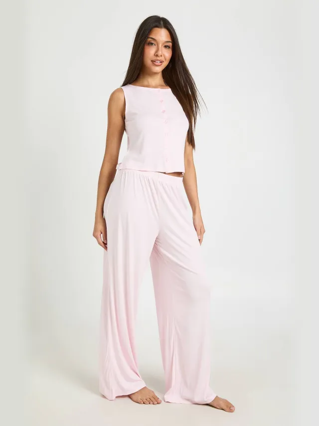 boohoo Dames Zachte Geribbelde Pyjama Set Met Doorknooptop & Wijde Pijpen Broek Lichtroze