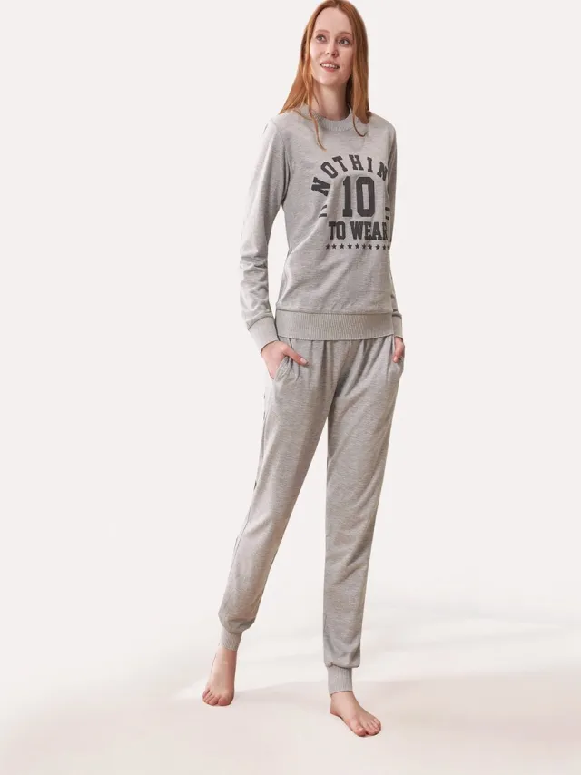 Feyza Bijpassende Pyjama Set Voor Koppels, Lange Mouwen, Lichtgrijs, Dames