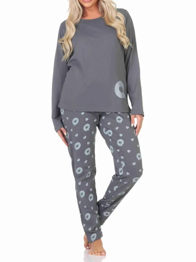 Normann dames pyjama lange mouw in hartjespolkadots look grau