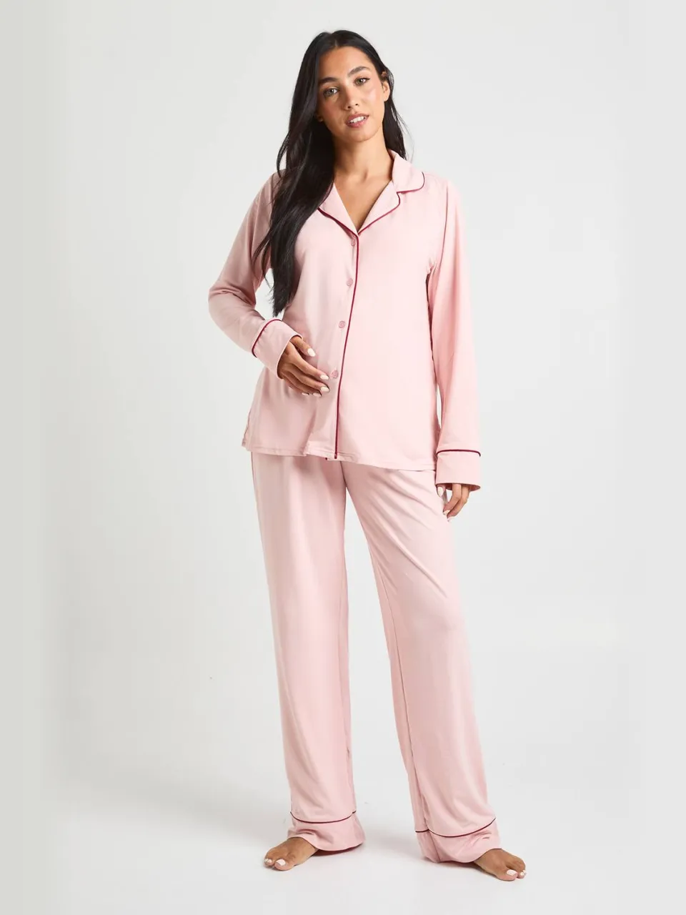 boohoo Dames Zwangerschaps-pijpdetail pyjamasset met langarm shirt & broek roze, foto 3