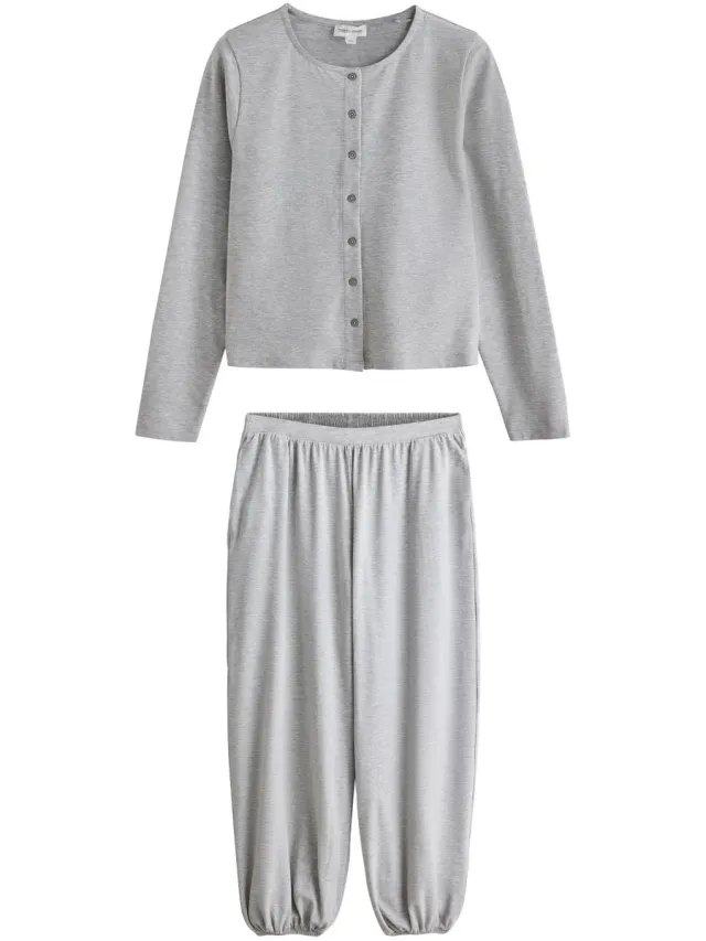 Next Dames - Jersey pyjama met lange mouwen, knopen en ballonpijpen - Grijs Grey