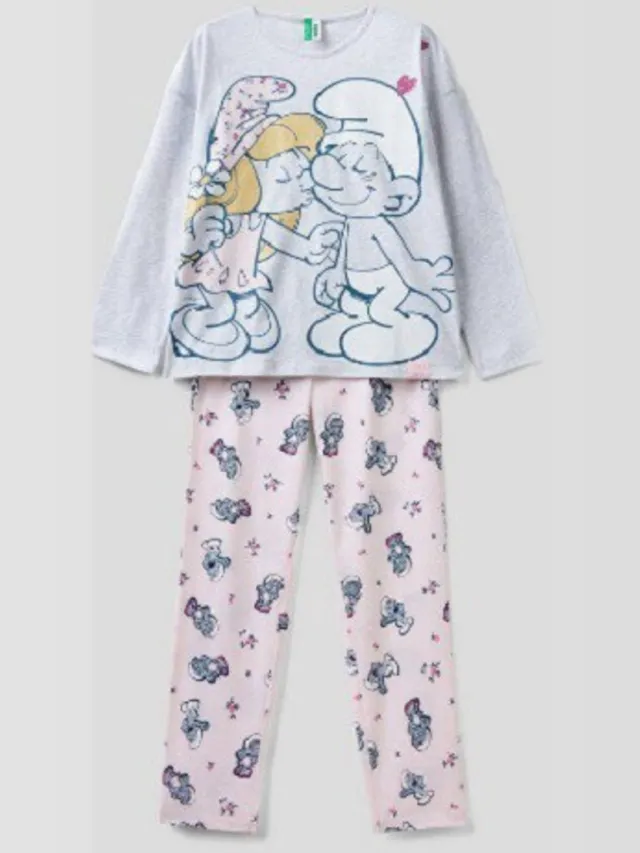 Benetton Smurfin kinder Pyama - United Colors of Benetton - 120cm - 6/7 jaar Grijs roze
