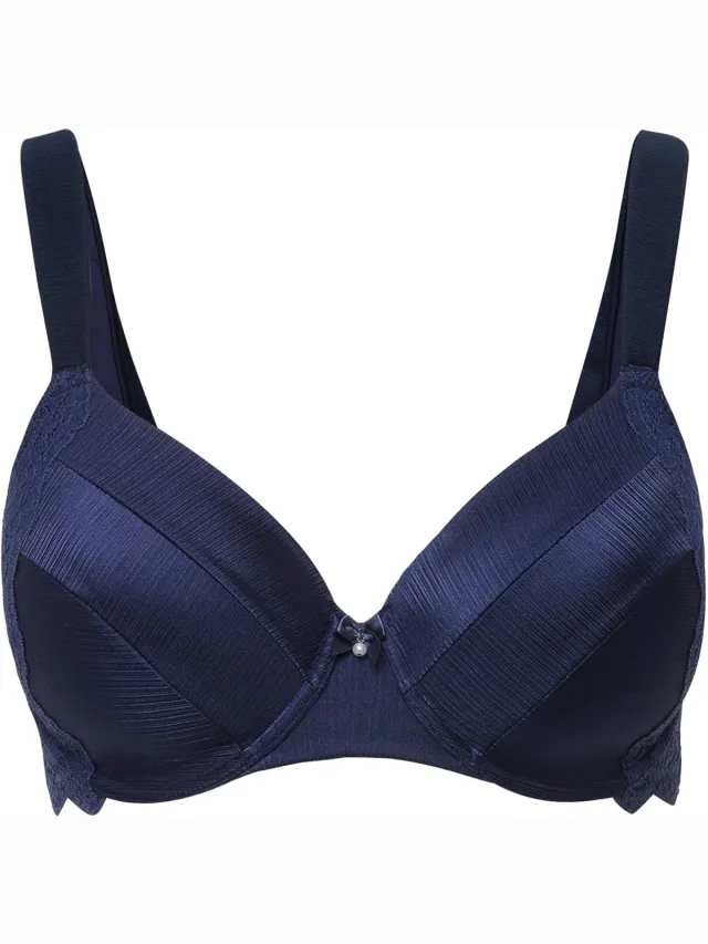 Ulla Popken Dames - Beugelbeha zachte cups satijn kant - Nachtblauw