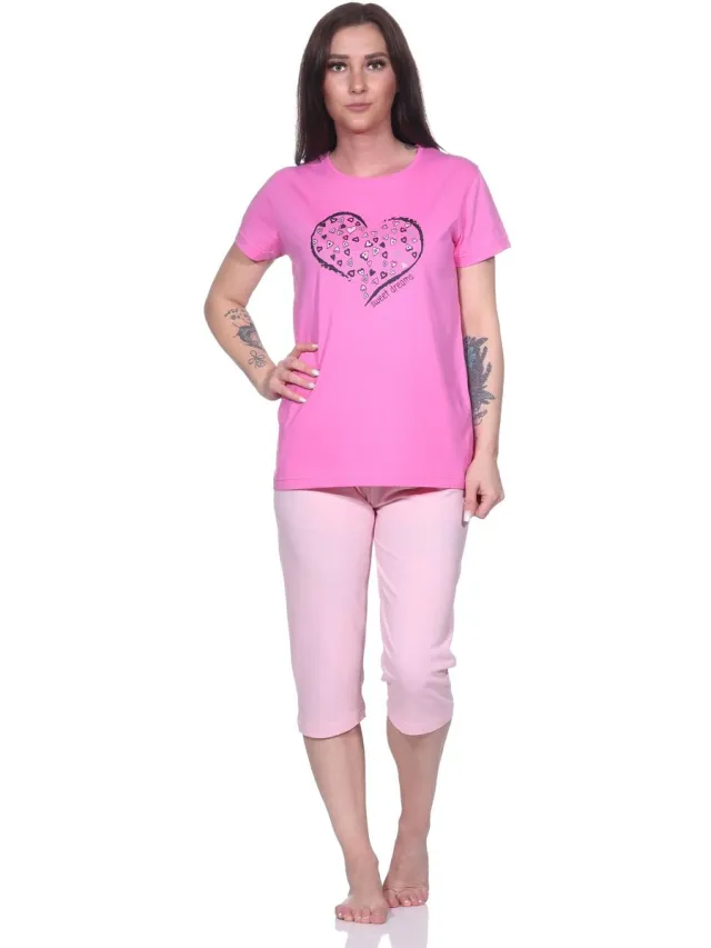 Normann Dames capri pyjama, 3/4 capri pyjama met hartjespatroon pink
