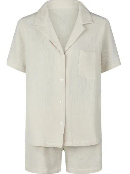 By Louise Dames korte pyjama set mousseline shortama Beige