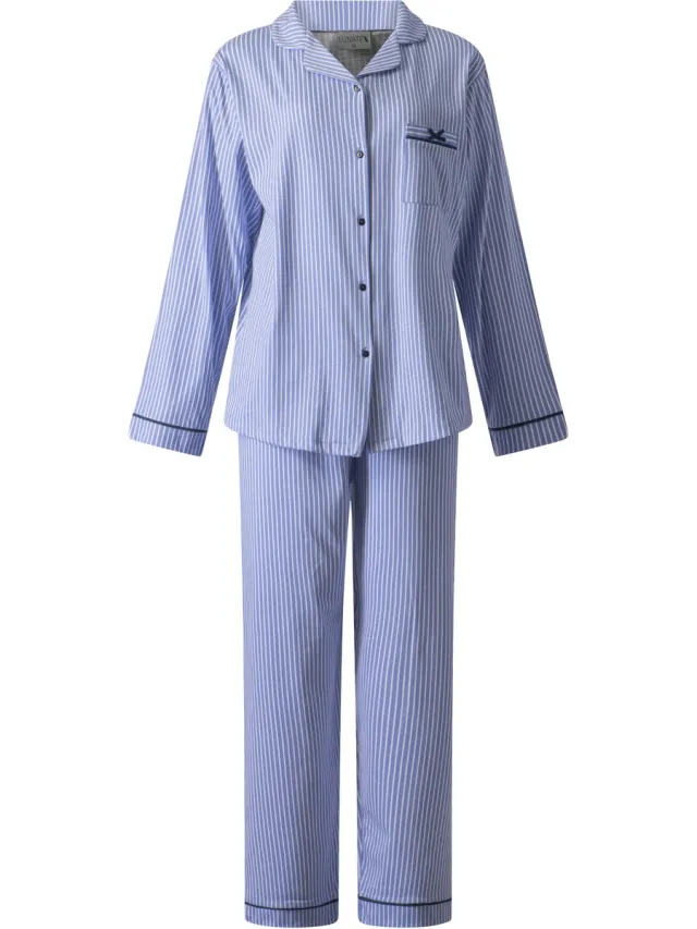 Lunatex dames pyjama 124239 met doorknoop - 100% katoen - blauw met wit