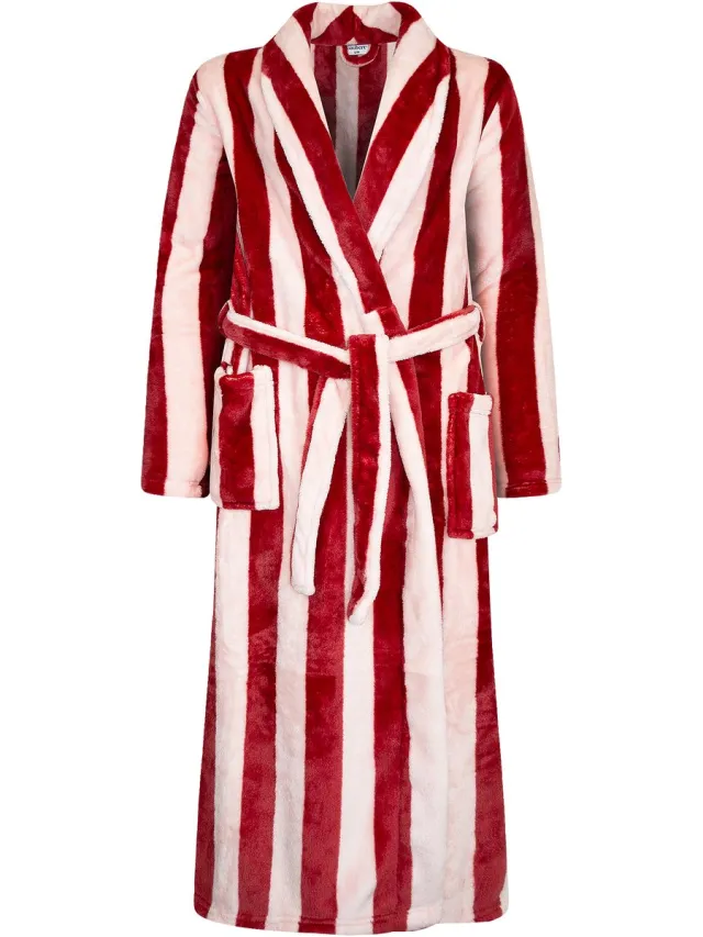 GAUBERT Dames Badjas Extra Lang met Sjaalkraag en Ceintuur - Ochtendjas - Superzacht Coral Fleece - Dames - Brede Strepen Roze Rood - 8215 Dames, Ceintuur, Brede Strepen Roze Rood