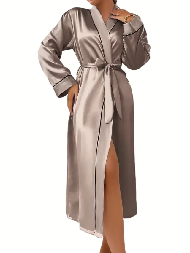 Currero Satijnen Badjas Dames - Kimono - Kamerjas - Satijn - Ochtendjas - Duster - Pyjama - Khaki