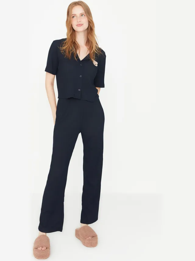Trendyol Vrouwelijk Kraag Pyjama Set 2 pak Blauw