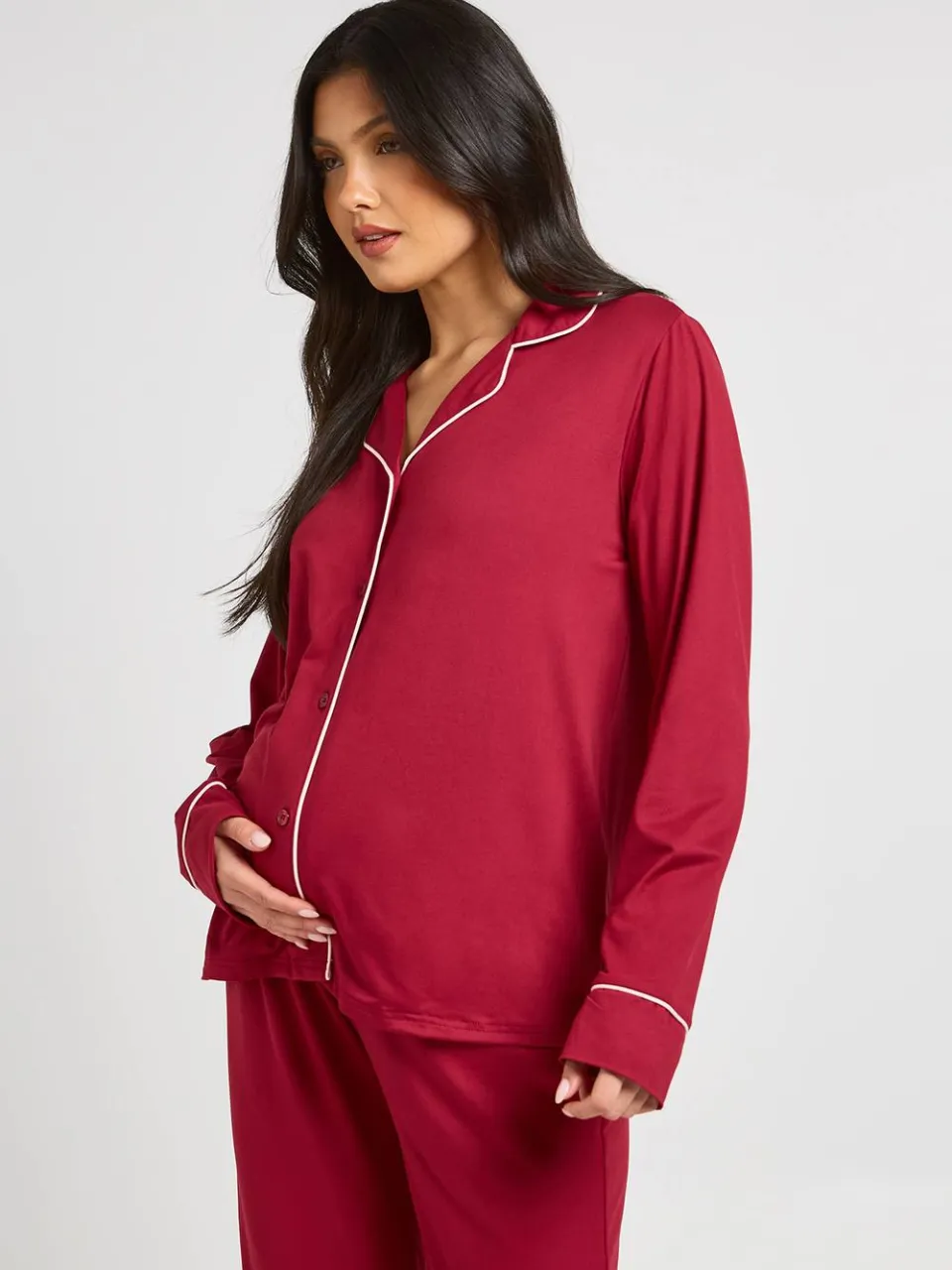 boohoo Dames Zwangerschaps Pyjama Set Met Paspeldetail, Shirt Met Lange Mouwen En Broek bordeaux rood, foto 3