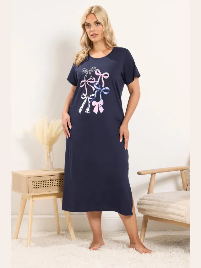 Yours Curve Midaxi Nachthemd Met Strik In Marineblauw-44 Blue