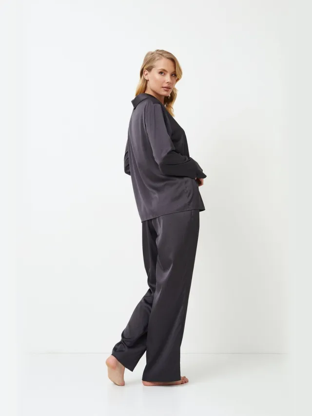 Aruelle Dames pyjama Agatha-lange mouw-lange broek-zwarte biezen-donkergrijs