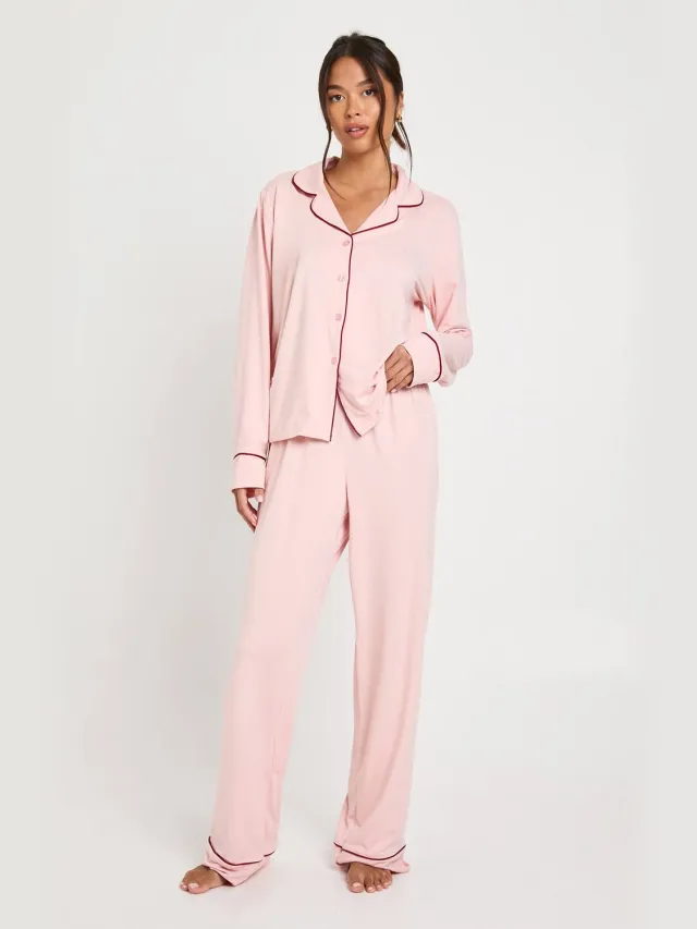 boohoo Dames Jersey Paspeldetail Langemouwig Shirt & Broek Pyjama Set Baby Roze