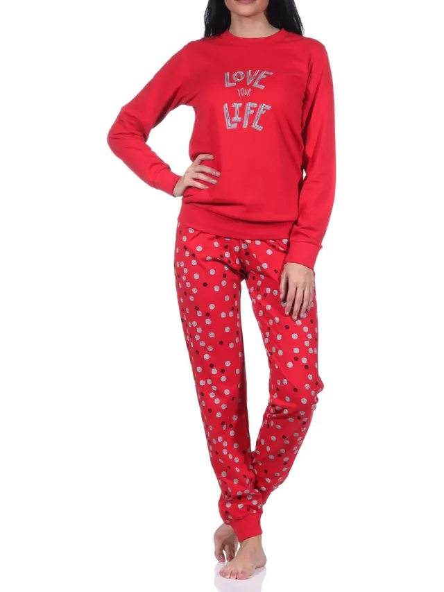 Normann dames pyjama met lange mouwen en manchetten in hartjes-polkadot-look rot
