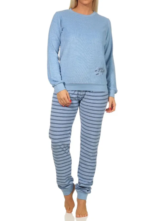 Normann Dames badstof pyjama met manchetten - gestreepte broek, topje met maanaanzet - 212 13 800 hellblau