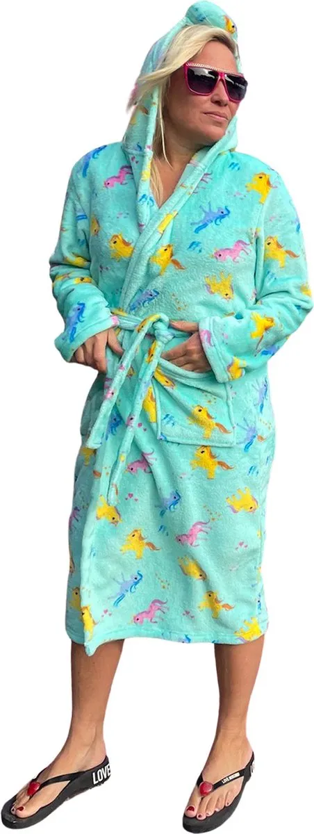 Badrock Unicorn damesbadjas – Dames badjas eenhoorn – Fleece badjas aqua blauw – Fleece damesbadjas vrolijke kleuren – Damesbadjas capuchon –