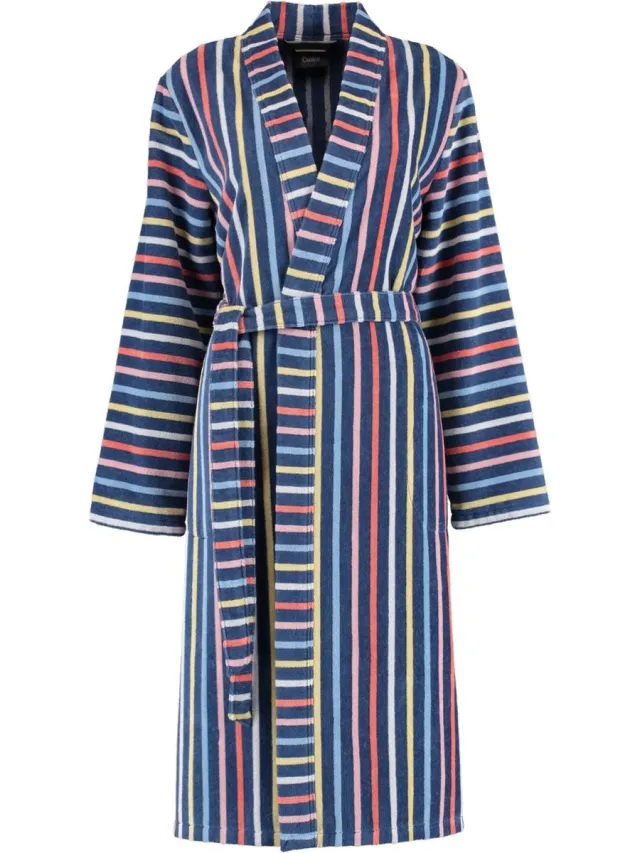 Cawö Luxe kimono dames - 100% premium katoen - streep dessin - ideaal als ochtendjas of badjas voor de sauna blauw