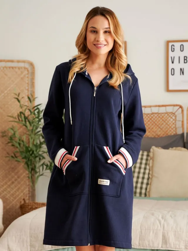 Doctor Nap Katoenen Badjas Dames | Kamerjas met Rits Dames | DN Navy SMZ.4508 Donker blauw