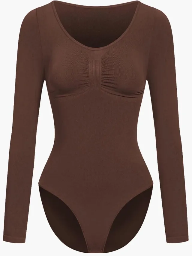 cfab Bodysuit met corrigerende werking, lange mouwen en bijpassend slipje - Bruin