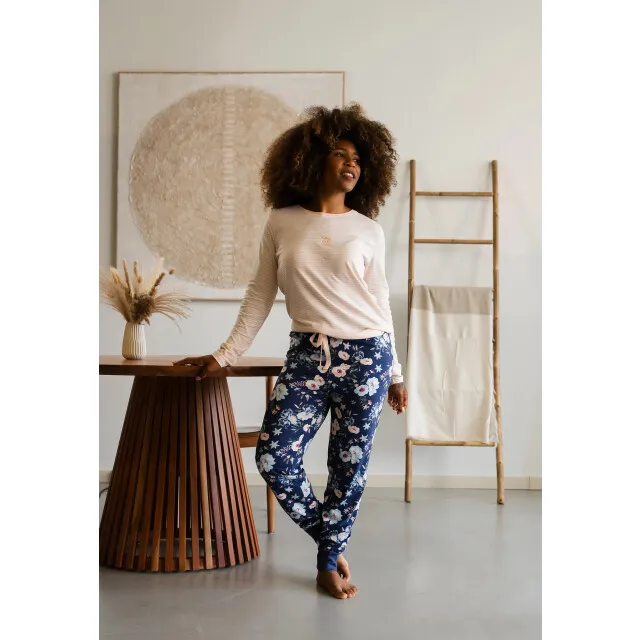 By Louise Dames pyjama set jersey katoen gebloemd oranje blauw Veelkleurig