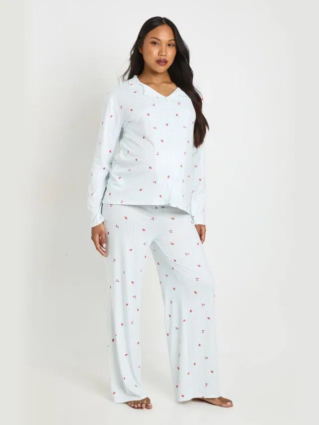 boohoo Dames Zwangerschaps Streep En Fruit Print Pyjama Set Met Lange Mouwen Shirt & Broek Blauw