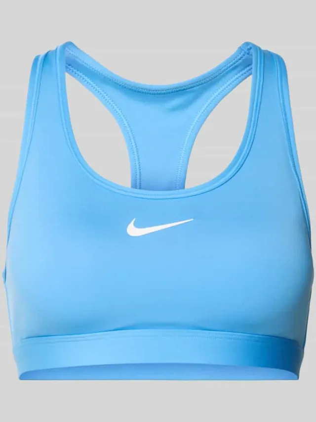 Nike slim fit sport-bh met logoprint model 'Swoosh' Blauw