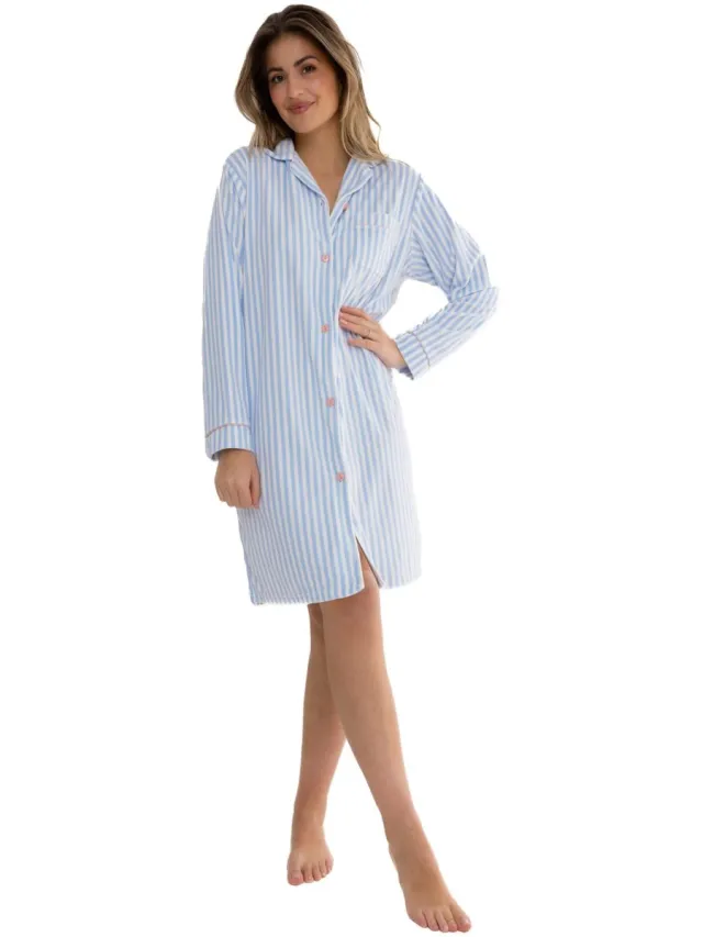 Cocodream Quality Cocodream Velours Doorknoop Nachthemd 'Open Blue' - Dames Nachtmode - Lange Mouw - Blauw