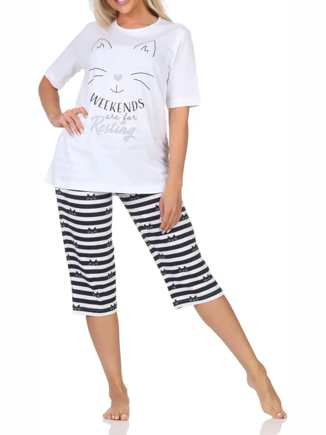 Normann dames capri pyjama met korte mouwen in kattenlook – ook in grote maten weiß