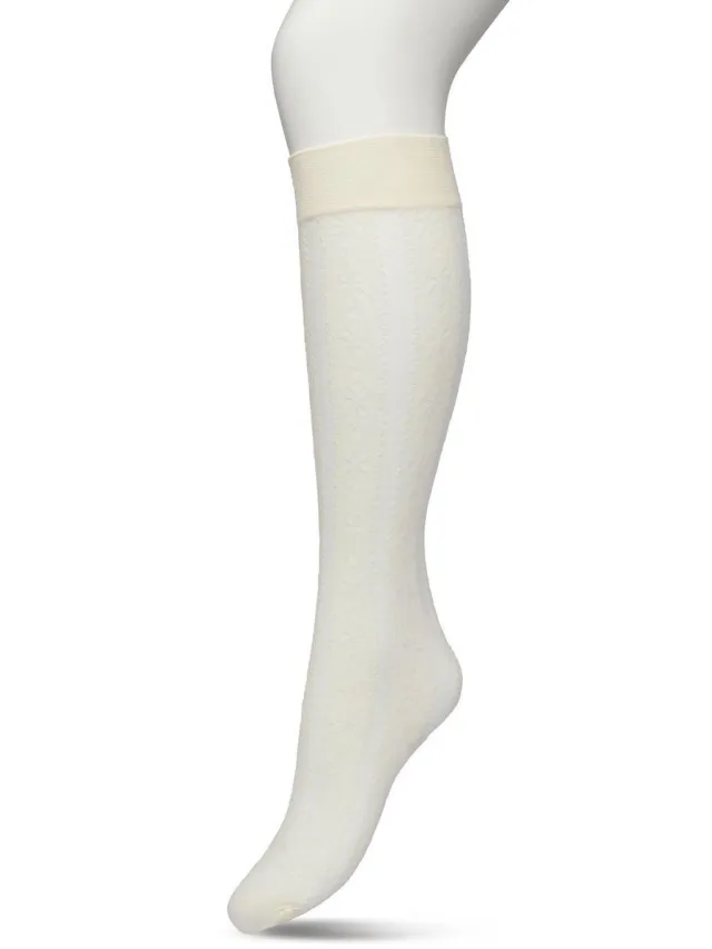 Bonnie Doon Dames Bloemen Panty Kniekousen Ivoor - Knie Kousen 50 denier - Gebloemd - Bloemen Print - Uitstekend draagcomfort - Flower Stripe Knee High - Kniesokken - Zakt niet af - OEKO-TEX - Ivoor - BP221804.250 Ivory