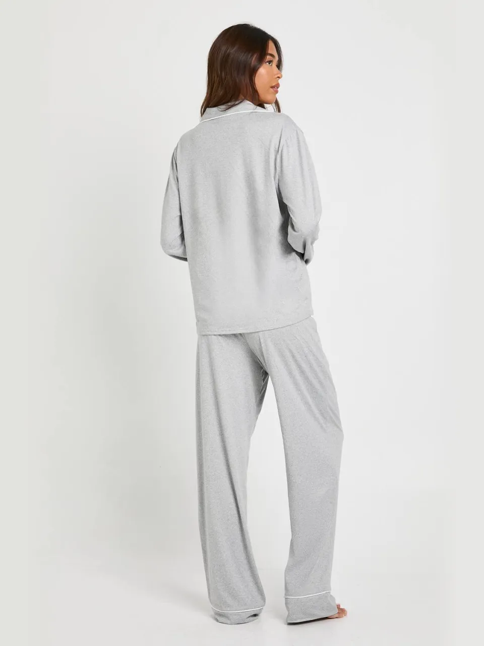 boohoo Dames Jersey met pijpdetail langemouwig shirt & broekpyjamaset grijze mergel, foto 2