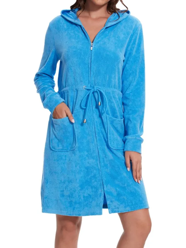 Ibenzoa Zachte en stijlvolle damesbadjas met capuchon en ritssluiting voor veelzijdig gebruik blauw