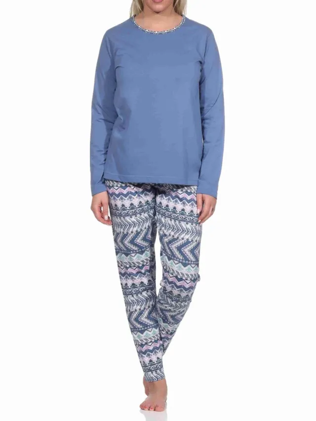 Normann Damespyjama met lange mouwen in een prachtige etnische look blau